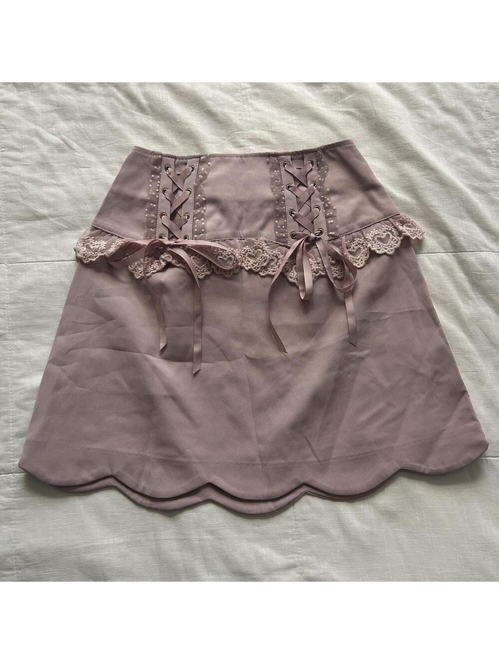 Liz Lisa Mauve Pink Corset Lace Up Mini Skirt Ribbon Bows Scalloped Hem XXS